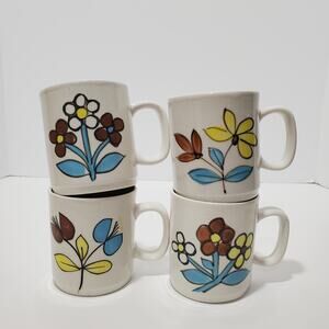 Vtg MCM Floral Stoneware Mugs Blue Brown & Yellow 4oz China 4 Floral Patterns